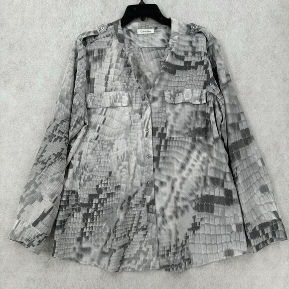 Calvin Klein Blouse Womens XL Snakeskin Print Button Roll Tab Sleeve‎ Button - Picture 1 of 8